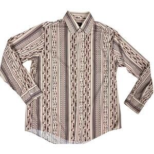Mens 70s Kingsport VTG Horsebit Belt Print 100% Polyester Dress Shirt L 16-16.5